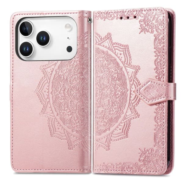 Mandala iPhone 17 Pro nahkakotelo - Ruusukulta