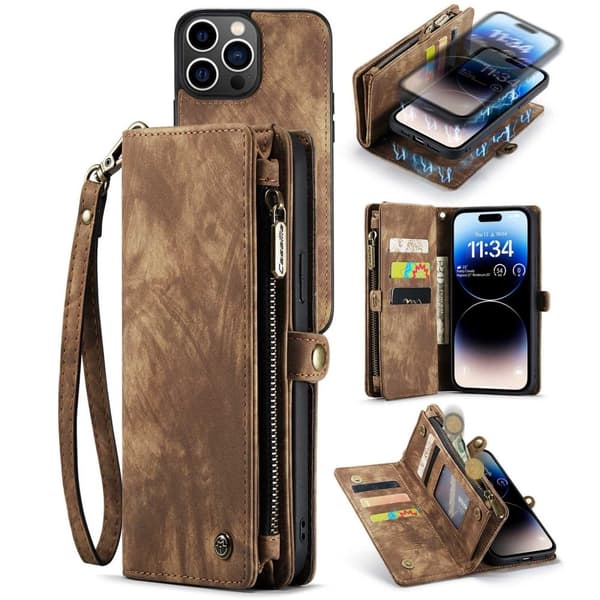 CaseMe iPhone 14 Pro Zipper Lompakko - Ruskea