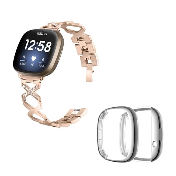 Fitbit Sense / Versa 3 X-formad strassdekor klockarmband med silverfodral - Guld