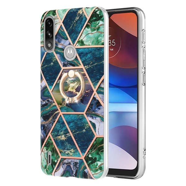 Marble Mønstret Deksel med Ring Holder til Motorola E7i Power / E7 Power - Blå / Grønn