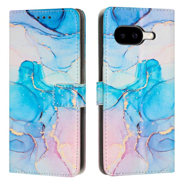 Google Pixel 10a stander etui Marble Pattern Vegansk Læder etui med pung - Lyserød / Grøn