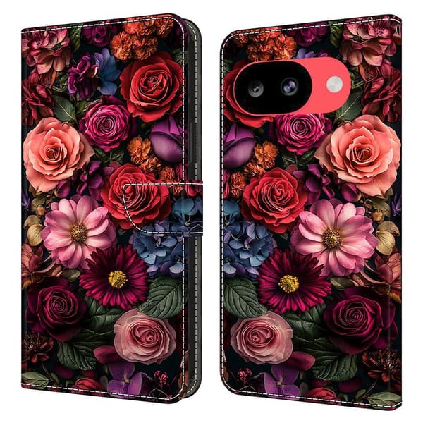 Plånboksfodral för Google Pixel 10a med mönstertryck i veganskt läder och utfällbart stativ - Blommor
