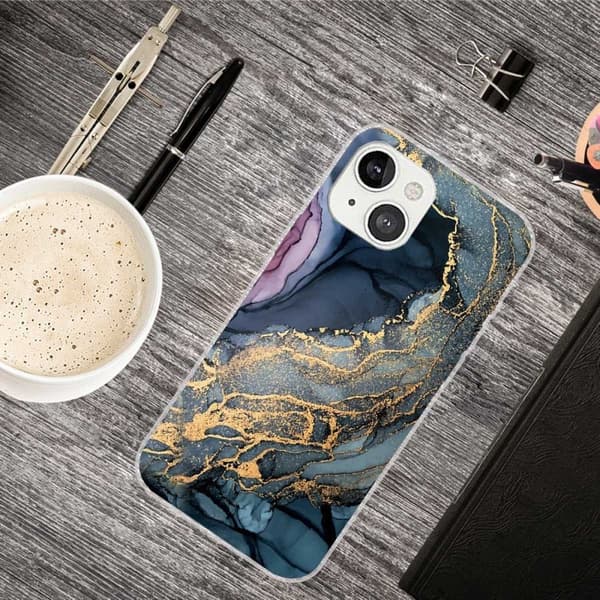 Marble design iPhone 14 cover - Blå På Gylden Stænkmarmor