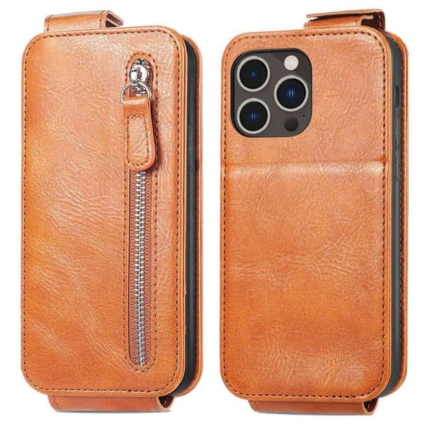 Vertical Flip Phone Etui med Zipper til iPhone 14 Pro Max - Brun