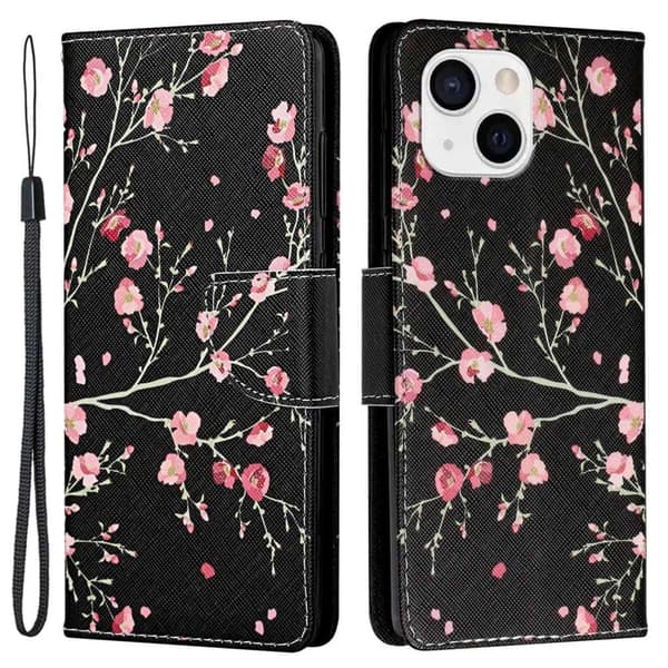 Wonderland iPhone 14 Plus flip etui - Sort / Rød Blomst