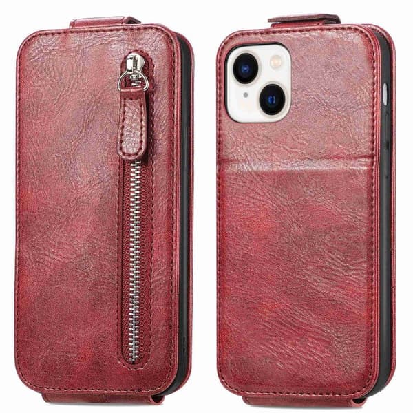 Vertical Flip Phone Suojakotelo With Zipper For iPhone 14 Plus - Punainen