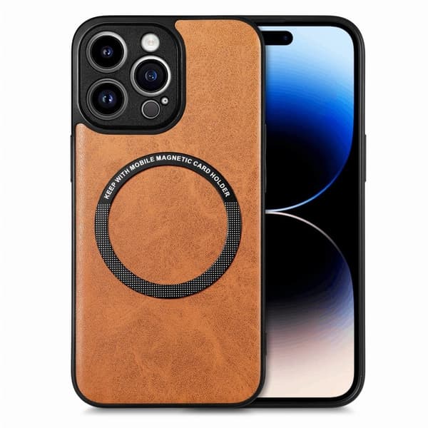 Magnetiskt mobilskal i premium PU-läder för iPhone 15 Pro - Brun