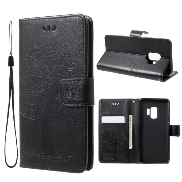 Samsung Galaxy S9 stemplet Træ ugle PU læder flip etui - Sort