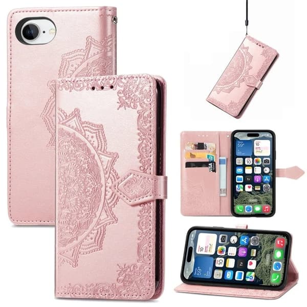 Mandala iPhone 16e nahkakotelo - Ruusukulta