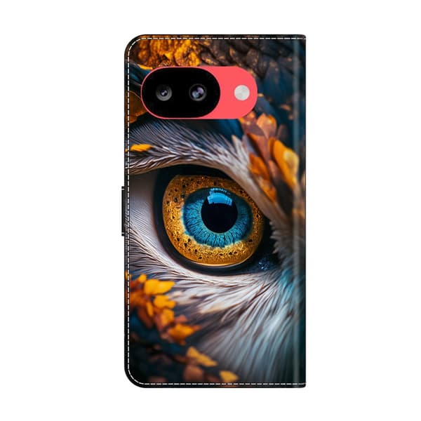 Plånboksfodral för Google Pixel 10a med mönstertryck i veganskt läder och utfällbart stativ - Blå Ögon