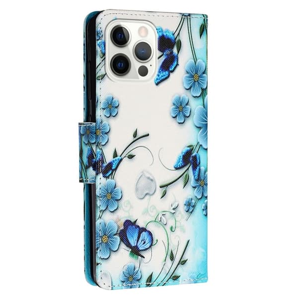Wonderland iPhone 14 Pro Flippetui - Blå Blomst Sommerfugl
