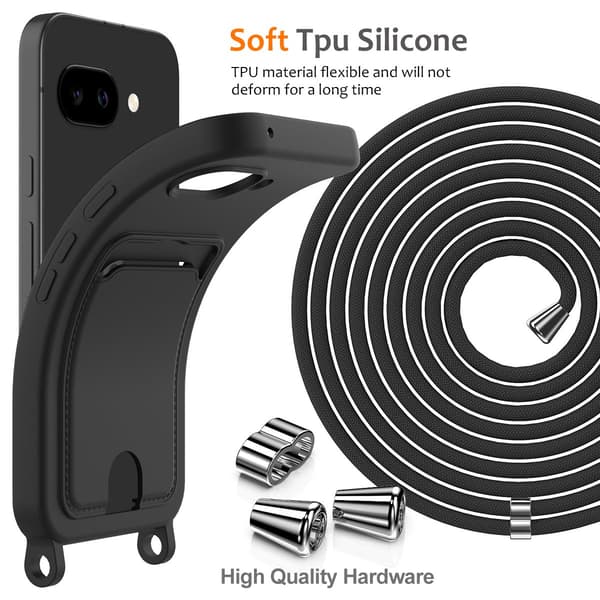 Google Pixel 10a-etui i flydende silikone med kortholder og snor - Sort