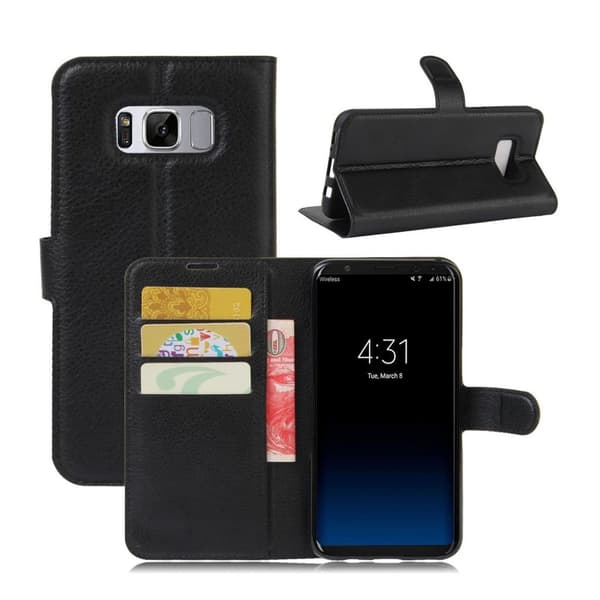 Samsung Galaxy S8 lychee läderfodral m. stativ - Svart