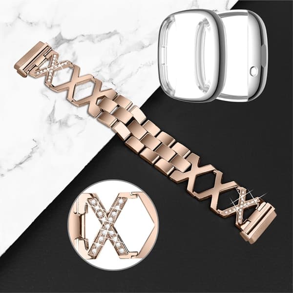 Fitbit Sense / Versa 3 X-formad strassdekor klockarmband med silverfodral - Guld