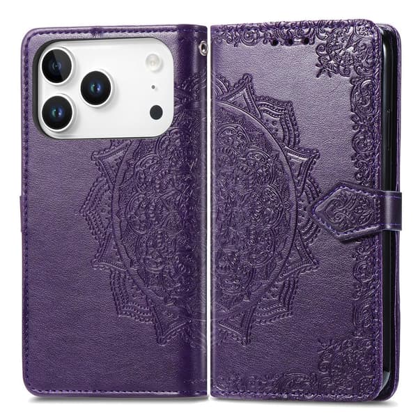 Mandala iPhone 17 Pro Max nahkakotelo - Violetti