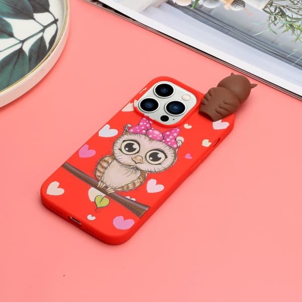 Cute 3d iPhone 14 Pro Etui - Rød Ugle