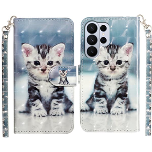 Samsung Galaxy S26 Ultra Wallet Case 3D Pattern Printed Leather Phone Cover with Strap - Cat