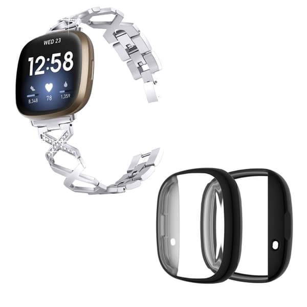 Fitbit Sense / Versa 3 X-formet urrem med rhinestone-dekor og sort cover - Sølv