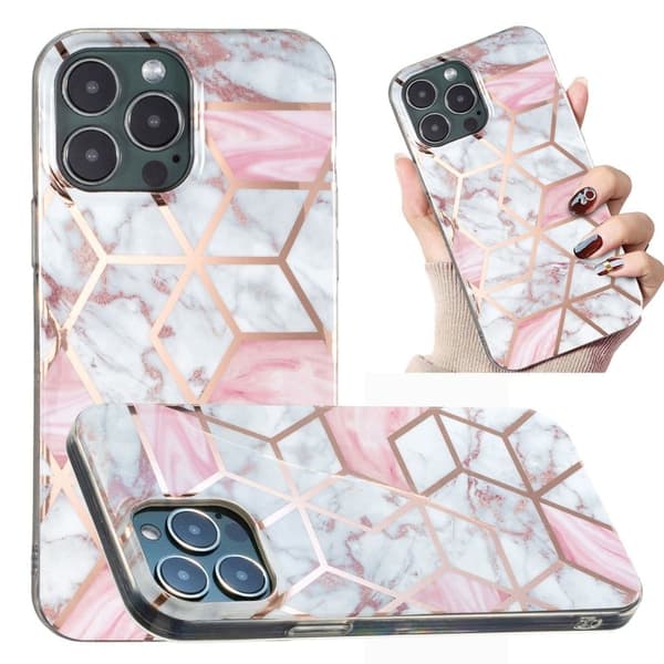 Marble iPhone 14 Pro Etui - Rosa / Hvit Klinkekule