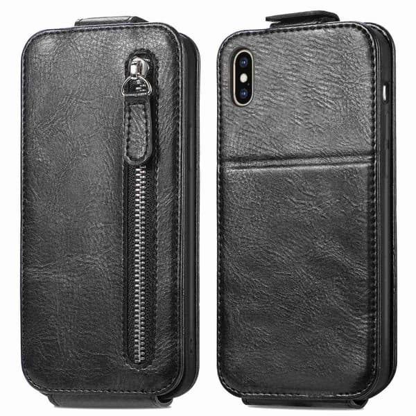 Lodret iPhone Xs Max flip etui med lynlås - Sort