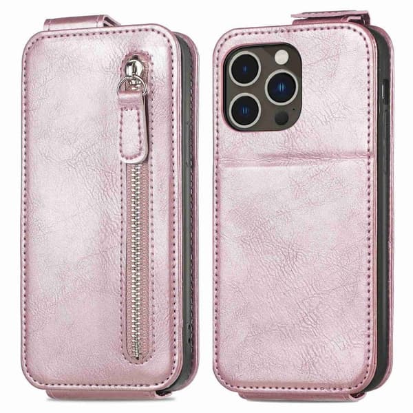 Vertical Flip Phone Etui med Zipper til iPhone 14 Pro - Rose Gull