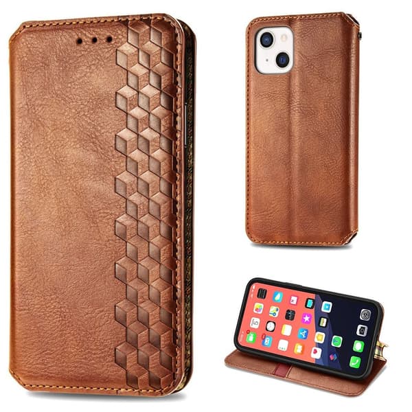 Läder iPhone 13 fodral med romb-design - Brun