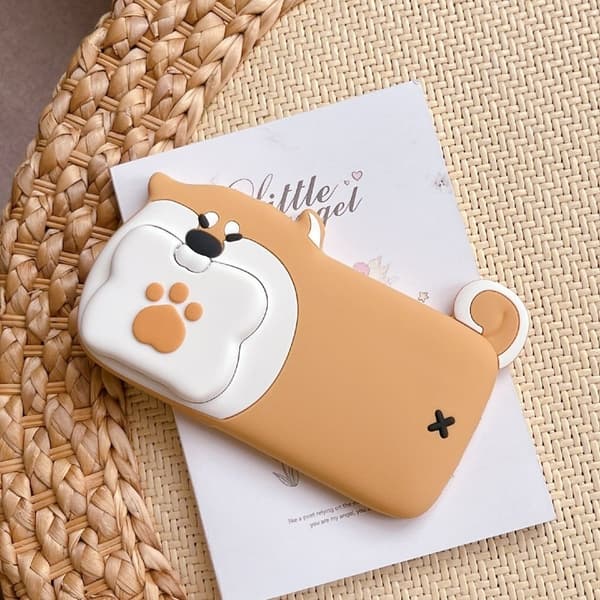 iPhone 15 silikonfodral med hund som äter ben-design, linslock och stativ