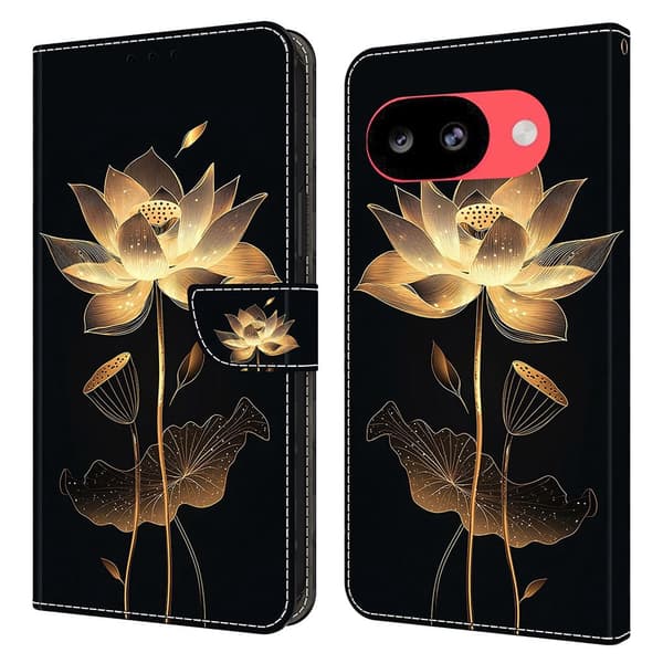 Google Pixel 10a plånboksfodral, vikbart stativ, mönstertryckt läderfodral med flip-lock - Lotus Med Guldtrådar