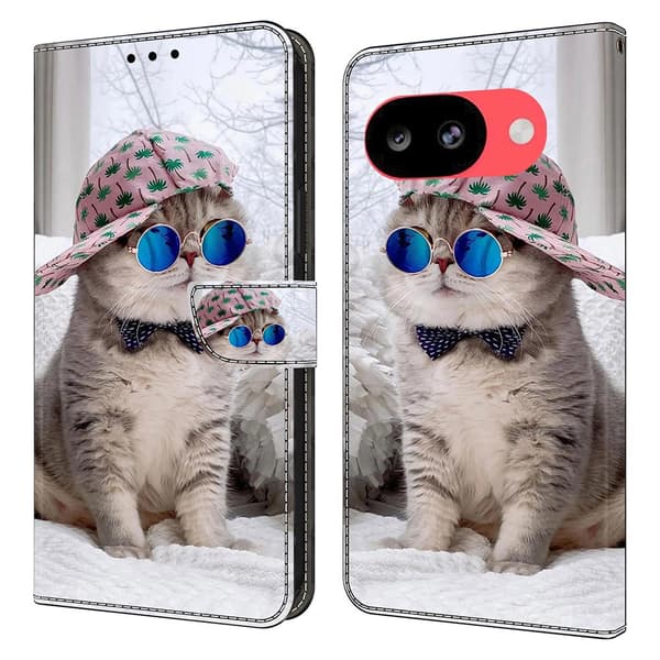 Wallet Case Google Pixel 10a Pattern Printing Stand Leather Flip Phone Cover - Hat Cat