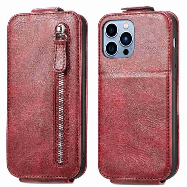 Vertical Flip Phone Etui med Zipper til iPhone 13 Pro Max - Rød