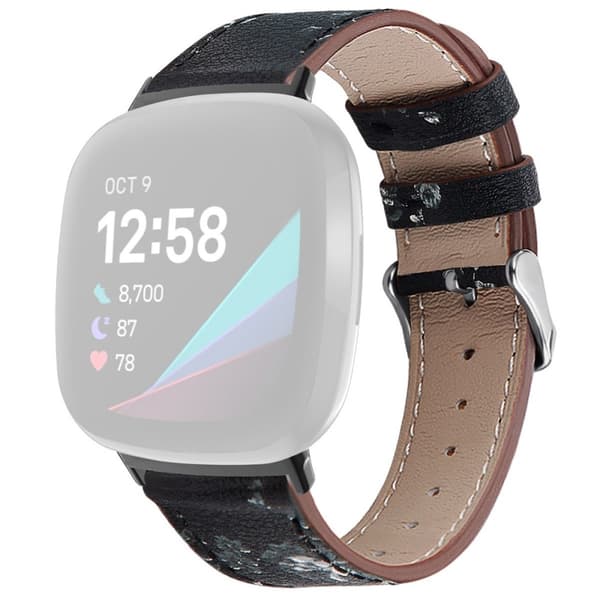 Urrem i ægte læder Fitbit Sense 2 / Versa 4 - Sort / Hvid Blomst