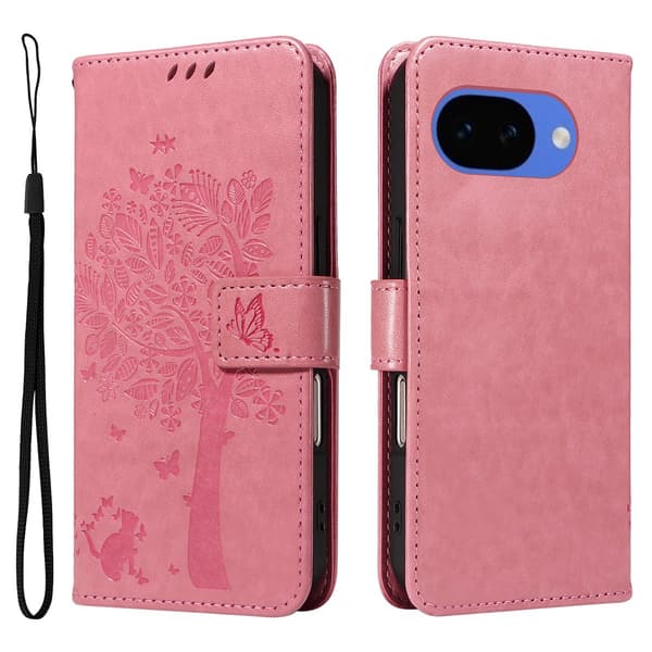 Google Pixel 10a-mobilskal med stativ, läderplånbok med kattklösmönster - Rosa