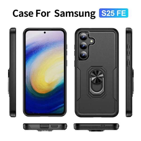 Samsung Galaxy S25 FE-etui i militærkvalitet med ring og fleksibelt stativ - Sort