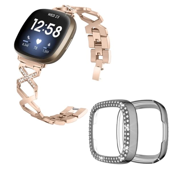 Fitbit Sense / Versa 3 X-formet klokkerem med rhinestone-dekorasjon og grått deksel - Gull
