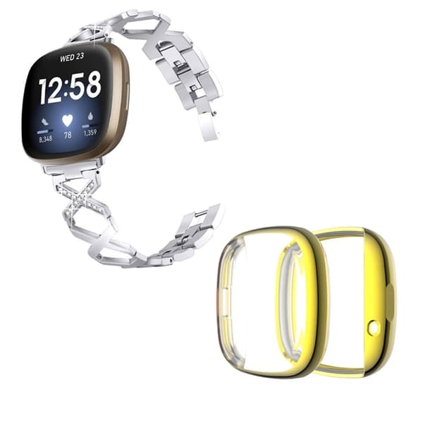 Fitbit Sense / Versa 3 X-formad klockrem med strassdekor och guldfodral - Silver