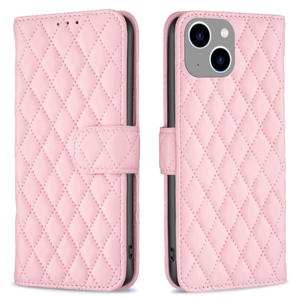 Rombemønster, matt flip-deksel for iPhone 15 Plus - Rosa