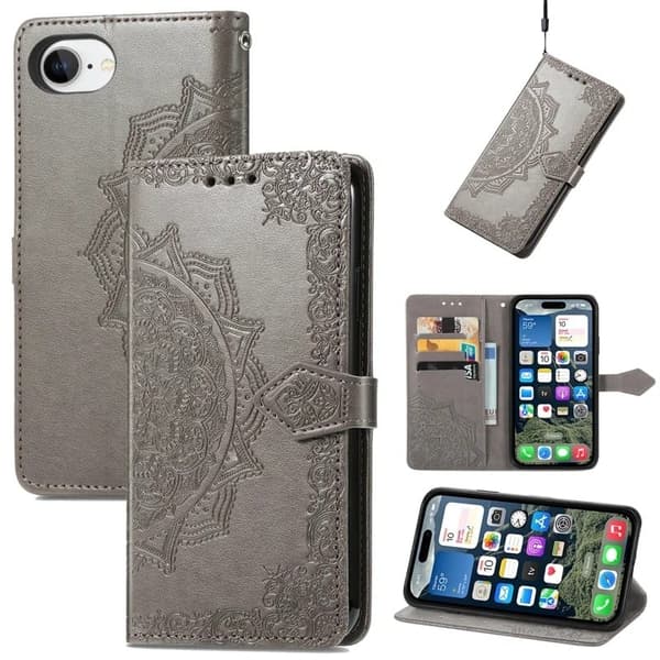 Mandala iPhone 16e læderetui - Grå