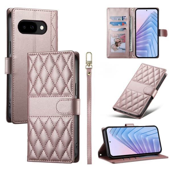 Google Pixel 10a plånboksfodral med rombformad sömnad, stativ och lång/kort rem - Roséguld