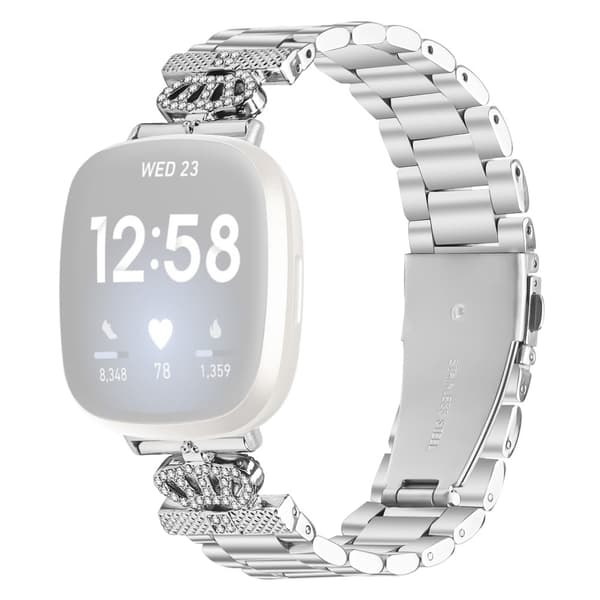 Fitbit Versa 4 / Sense 2 Stainless Steel Strap Crown Shape Rhinestone Decor Silver Watch Band
