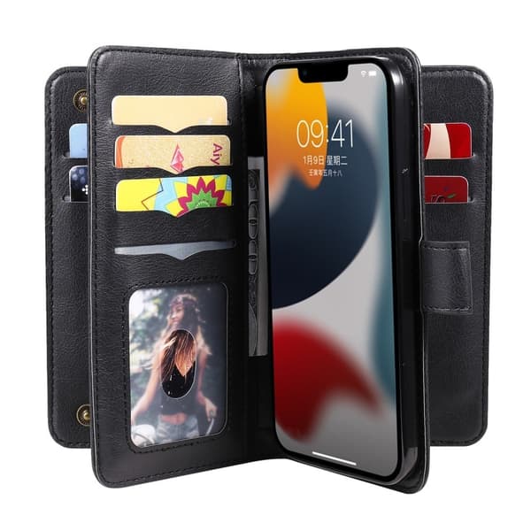 10-slot Lompakko Suojakotelo For iPhone 15 - Musta