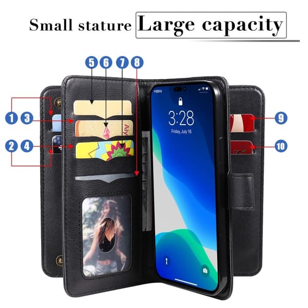 iPhone 15 Pro etui med pung & 10 kortpladser – Sort