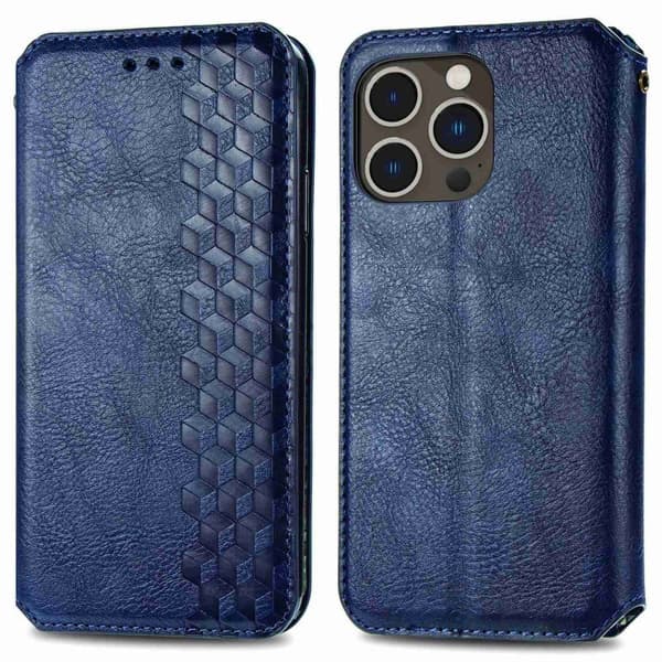 Læretui med A Stilfull Rhombus Imprint til iPhone 14 Pro - Blå
