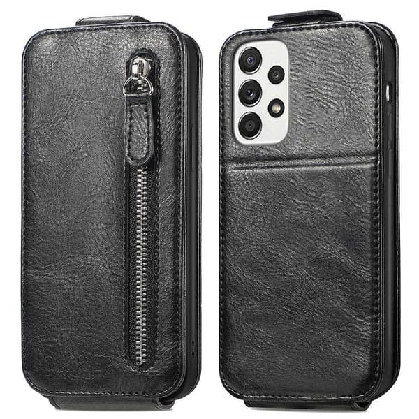 Vertical Flip Phone Etui med Zipper til Samsung Galaxy A73 - Sort