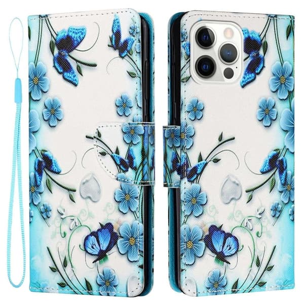 Wonderland iPhone 14 Pro Flippetui - Blå Blomst Sommerfugl