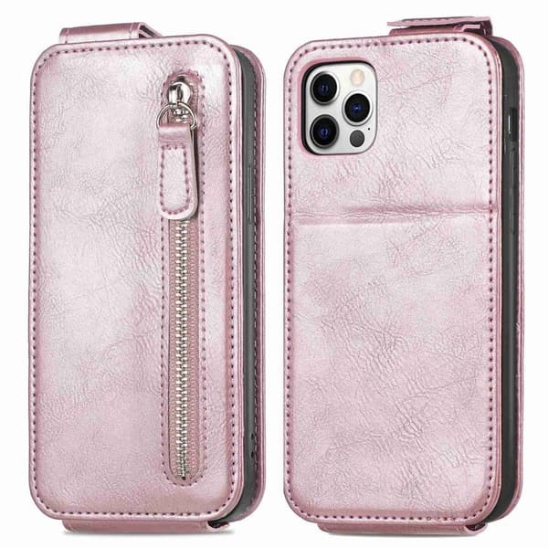 Vertical Flip Phone Etui med Zipper til iPhone 12 Pro Max - Rose Gull