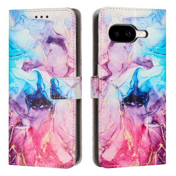 Google Pixel 10a stander etui Marble Pattern Vegansk Læder etui med pung - Lyserød / Lilla