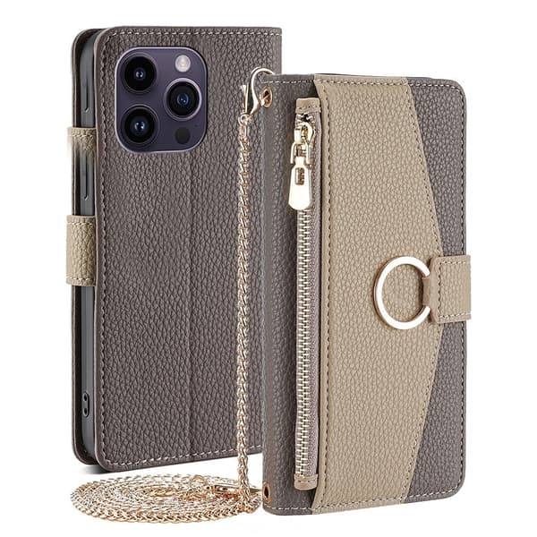 iPhone 15 Pro vegansk læder etui med pung - Grå