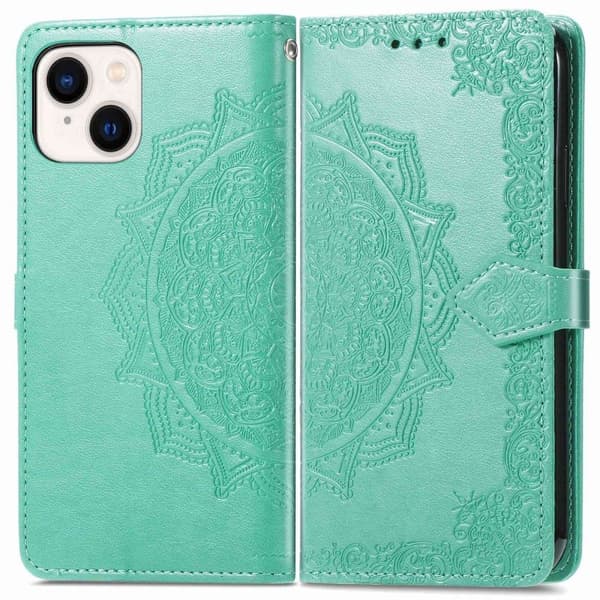 Mandala läder iPhone 14 fodral - Grön