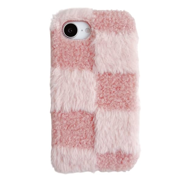 iPhone 16e Fluffy Case Checkered / Floral Pattern Winter Plush Inner Flexible Phone Cover - Lyserød