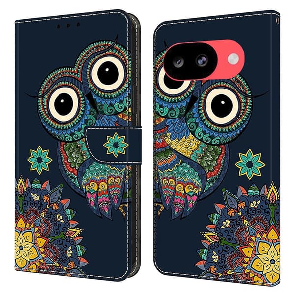 Plånboksfodral för Google Pixel 10a med mönstertryck i veganskt läder och utfällbart stativ - Mandala-Uggla